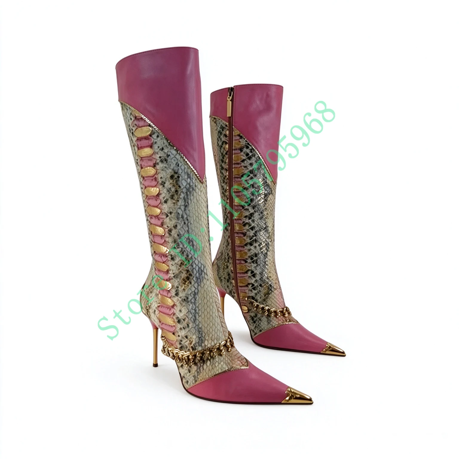 Pointed Toe Heeled Knee High Boots for Women, Colorblock Design Fashion Boots, Elegant Party Tall Boots
