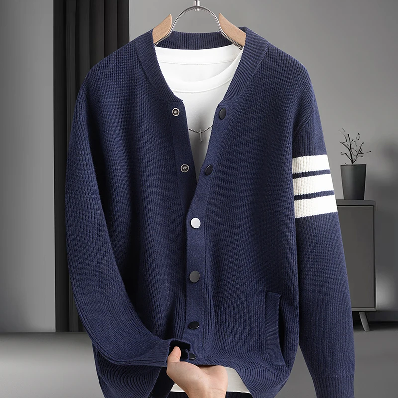 

New Mens Long-Sleeved Knitted Shirt for Autumn and Winter Round Neck Button Classic Stripe Casual British Style Man Sweater Coat