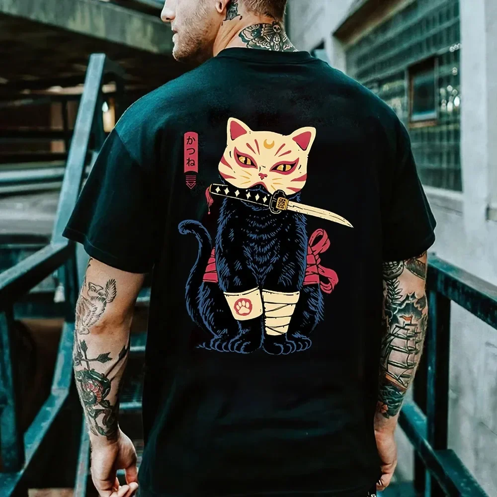 Japan Samurai Spirit T-Shirts  Bushido Male Cotton Oversize Crew Neck Harajuku  Hip Hop Comfortable Cartoon Anime Samurai Cat