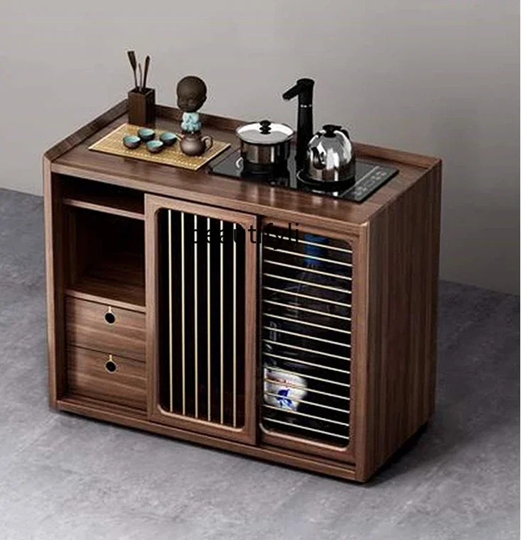 

North American solid wood mobile tea cabinet household tea room tea side cabinet kettle integrated storage rack side table