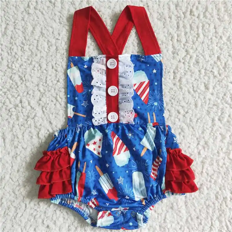 Wholesale Girls Infant Summer Short-Sleeved Romper Multi-Element Pattern Printed Straps Bow Colorful RufflE