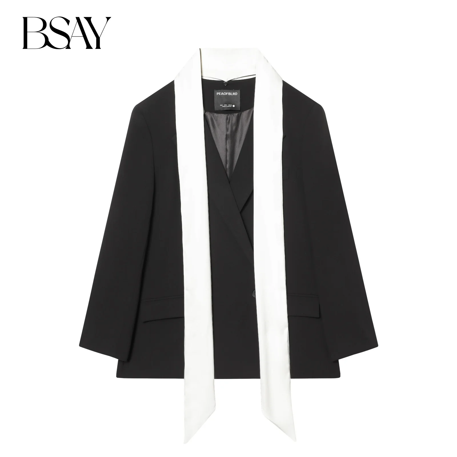 

BSAY Contrasting Color Scarf Blazers for Women Fashion Autumn Winter Long Sleeve Single Buckle Suits Jacket Chic Female Coat