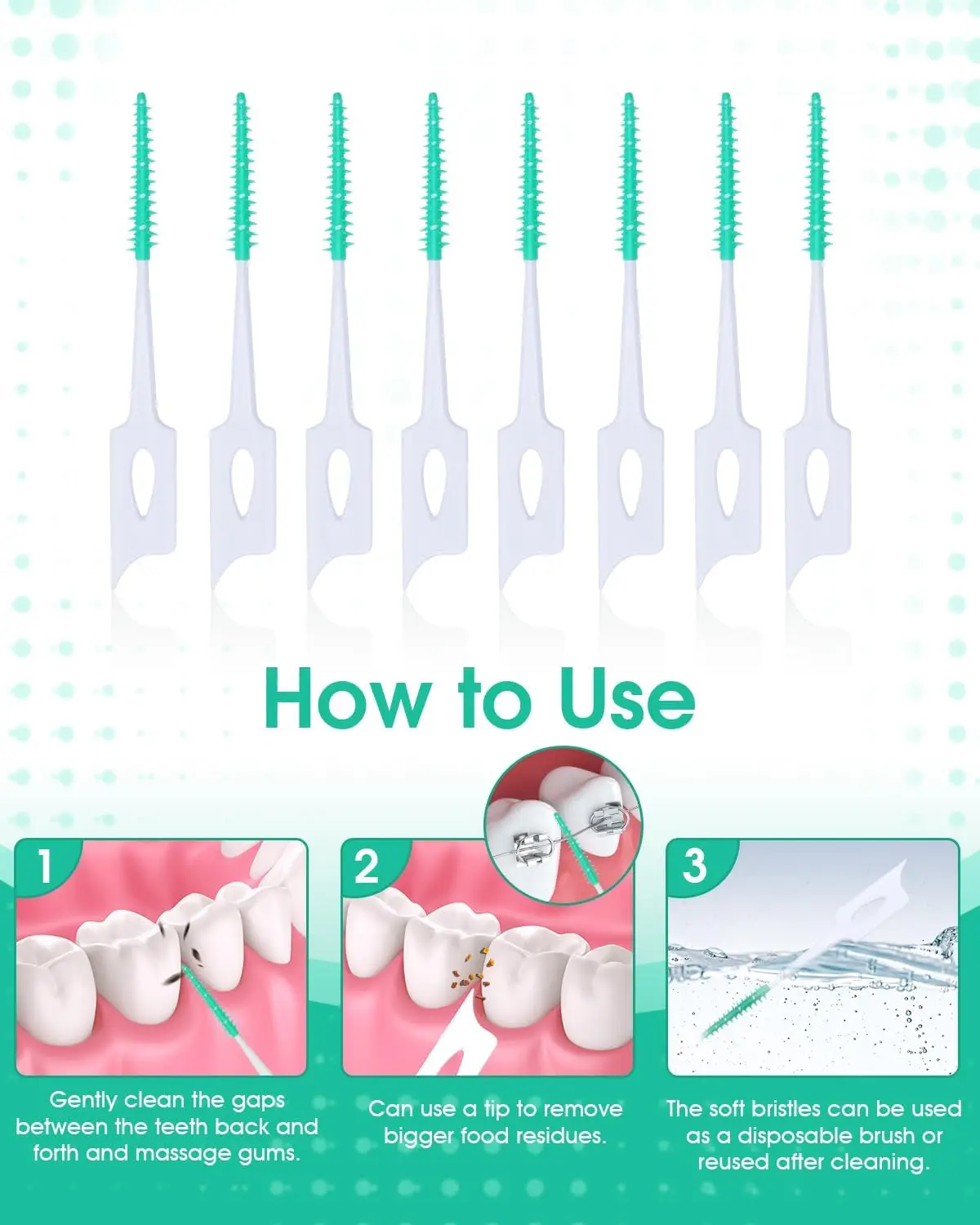 300 Stück Interdentalbürsten, Zahnspangenbürste mit Silikonkopf, Zahnseide-Zahnstocher-Reiniger, Zahnhygiene-Set, Grün – Detail 3