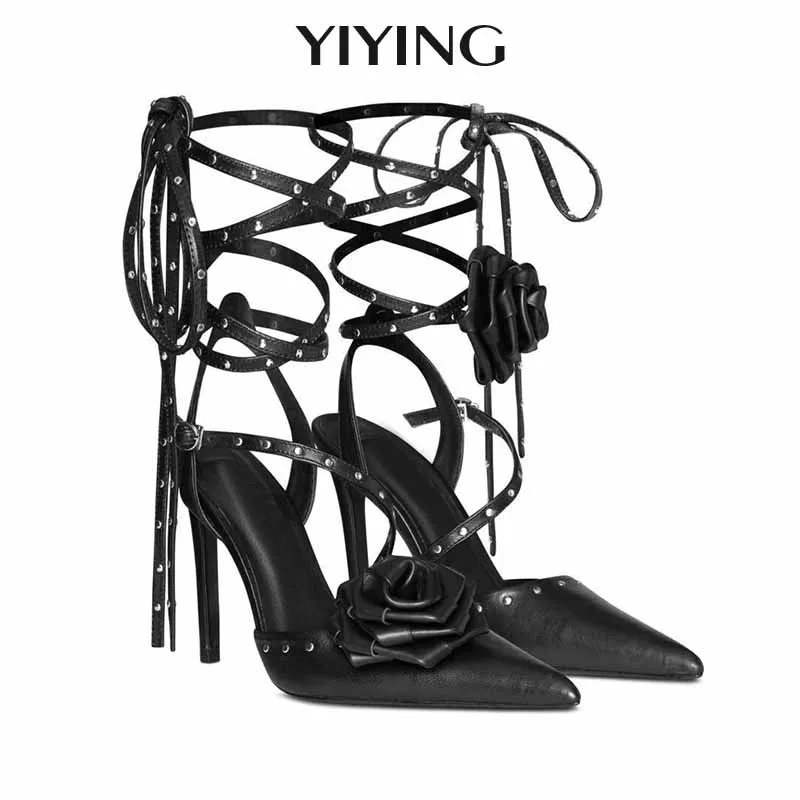 

Высококачественные женские босоножки на высоком каблуке с заклепками и острым носком на очень высоком каблуке с перекрестной розой, женские босоножки на высоком каблуке, легкие роскошные 2025