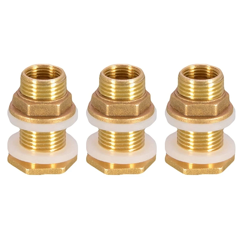 Solid Brass Bulkhead Fitting, 3 Sets 3/8 Inch Female 1/2 Inch Male Solid Brass Water Tank Connector Threaded With Ring