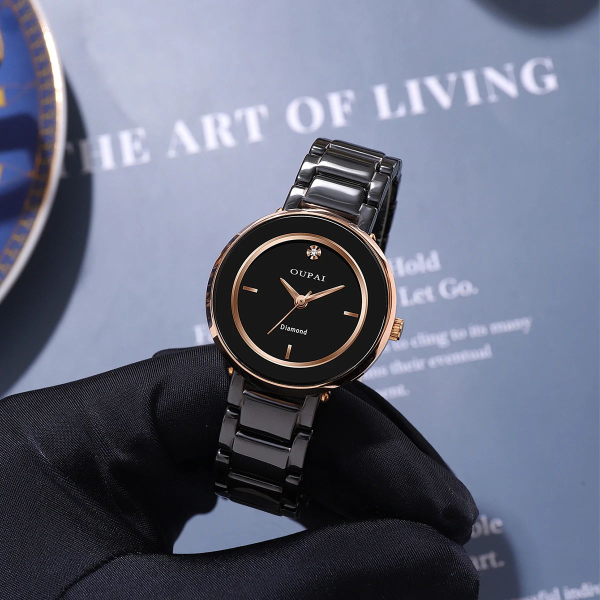Oupai элегантные черные часы с керамическим ремешком круглой формы, женские кварцевые часы, устойчивые к царапинам, модные простые женские часы с бриллиантами