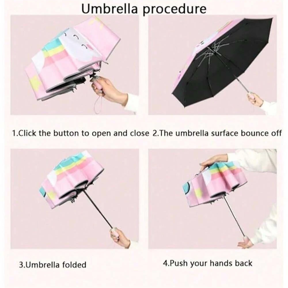 Unicorn Auto Folding Kids Umbrella, Portable Durable Built-in Sun Protection, Auto Open/Close Lightweight for Boys & Girls