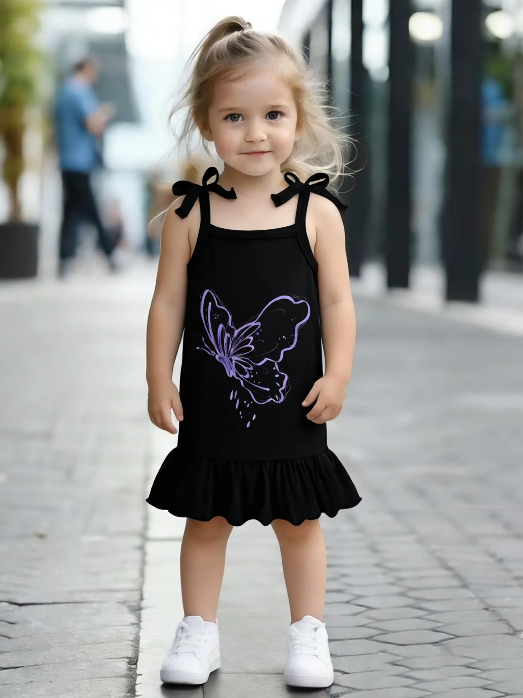 Baby Girl Black Suspender Dress Butterfly Print Ruffle Sweet Cool Style Summer Outfit