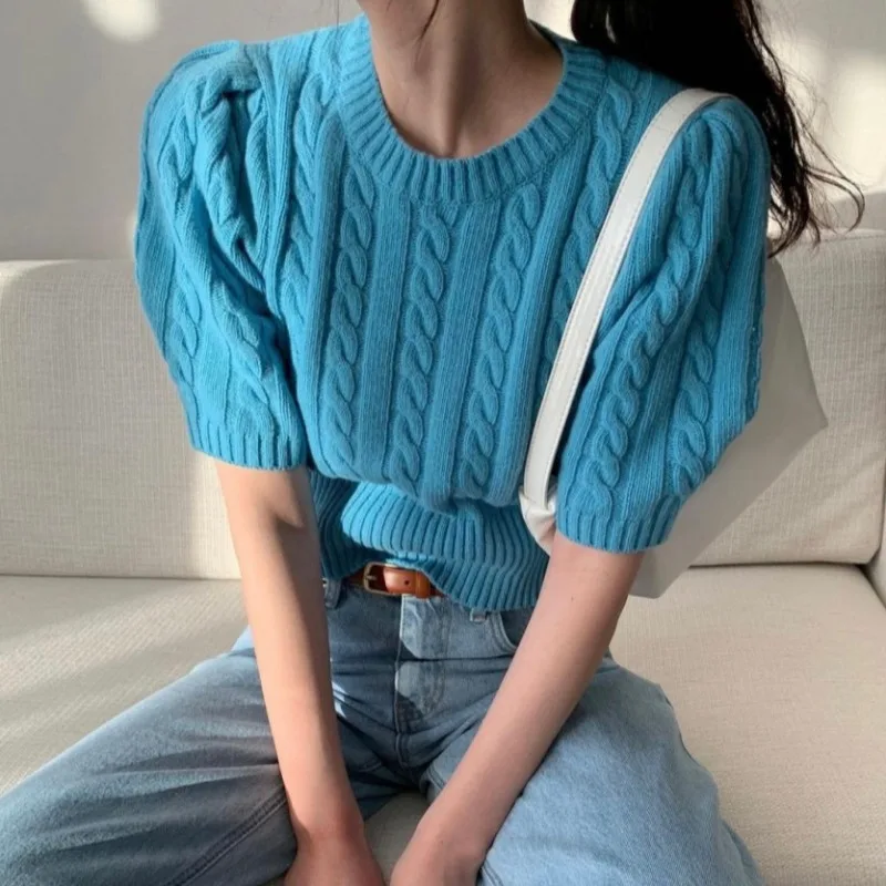 Temperament Top Spring Summer Shoulder Pink Short Sleeve Sweater Bottom Twists Bubble  Knitted Shirt Women Sweet