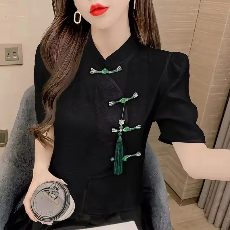 2025 verão estilo chinês camisas de mangas curtas feminino novo casaco sentido design nicho manga bolha cardigan irregular topos feminino