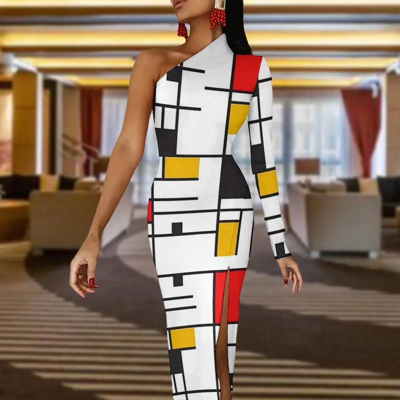 Homless Mondrian Bodycon Dress Female Check Print Club Maxi Dress Long Sleeve Aesthetic Graphic Dresses Birthday Gift