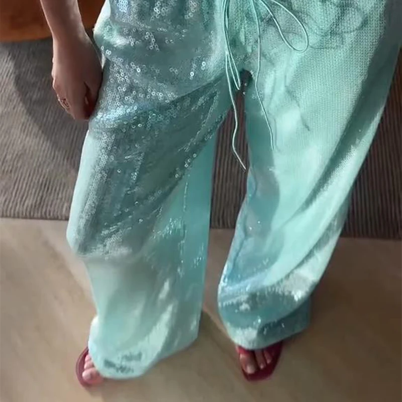 Street Women's Sequin Lace Up Pants Elastic Low Waist Wide Leg Female Trousers 2026 Spring Summer Lady Shiny Party Chic Pants