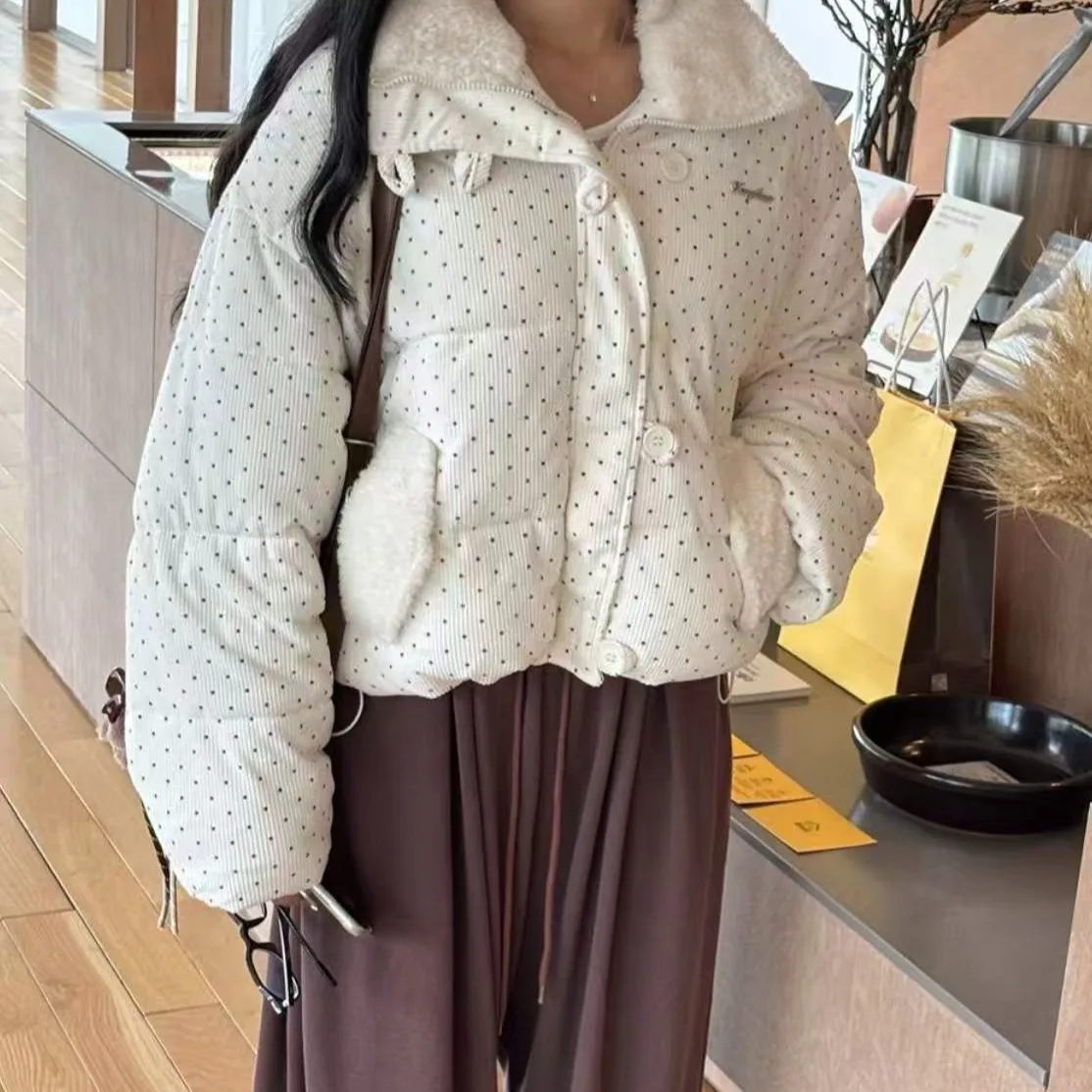 

Шикарный сладкий хлопковый джем женский корейский воротник-стойка с воротником-стойкой, теплый топ в горошек, нежный белый весенний