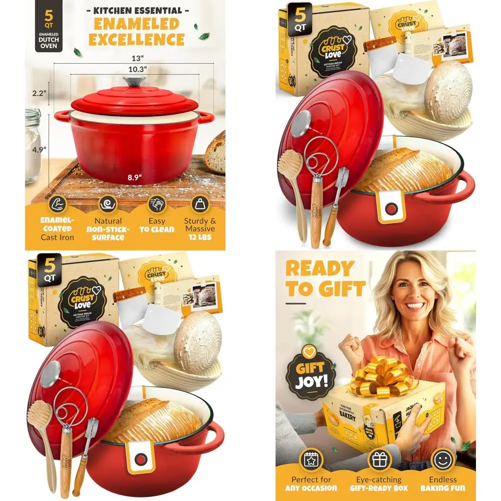 

Enameled Cast Iron Dutch Oven with Lid, 5-Quart, for Sourdough and Banneton Bread Proofing, Starter Kit Included