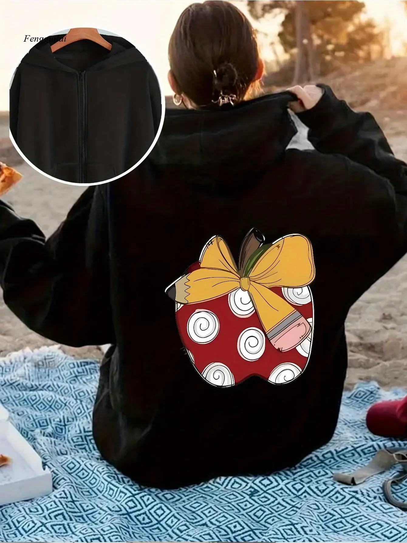 Sudadera con capucha con cremallera - Gris con manzana roja y detalle de lazo amarillo - Cierre de cremallera frontal - Jersey lavable a máquina