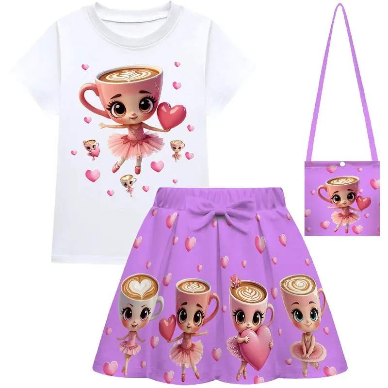 

25COSLovely Cappuccino Ballerina Printed Tshirt Skirt Girls Tung Sahur Carnival Birthday Party Gown Clothes Summer Girls Dress O