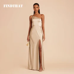 Findthat One Shoulder Simple Satin Bridesmaids Dress Side Slit Sleeveless Elegant Champagne Evening Party Gown vestidos de festa