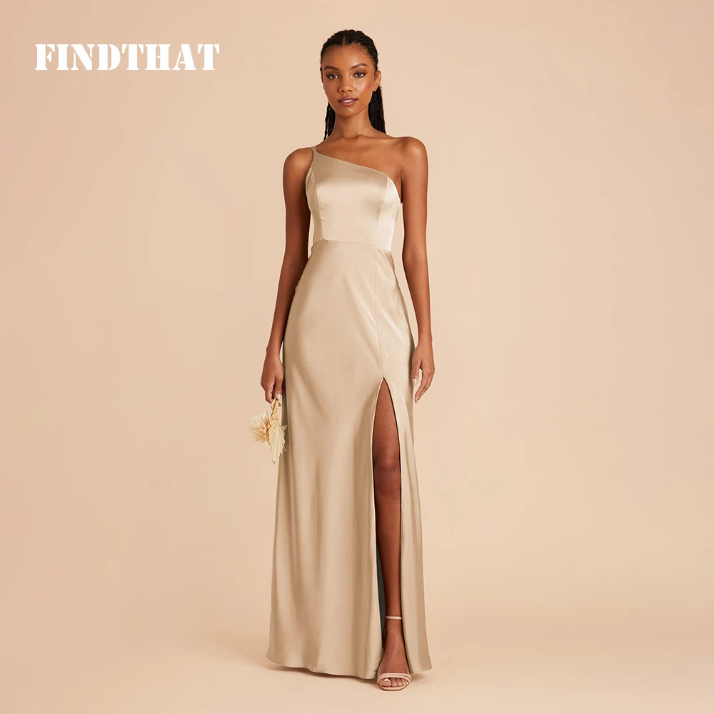 Findthat One Shoulder Simple Satin Bridesmaids Dress Side Slit Sleeveless Elegant Champagne Evening Party Gown vestidos de festa