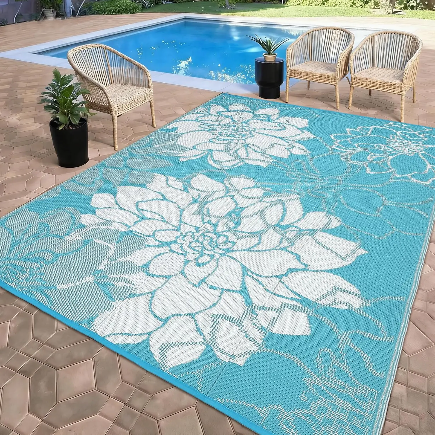 

Waterproof Plastic Straw Rug 8x10 Reversible Outdoor Rug, Weather Resistant Outside Carpet, Portable RV Camping Mat with Carr