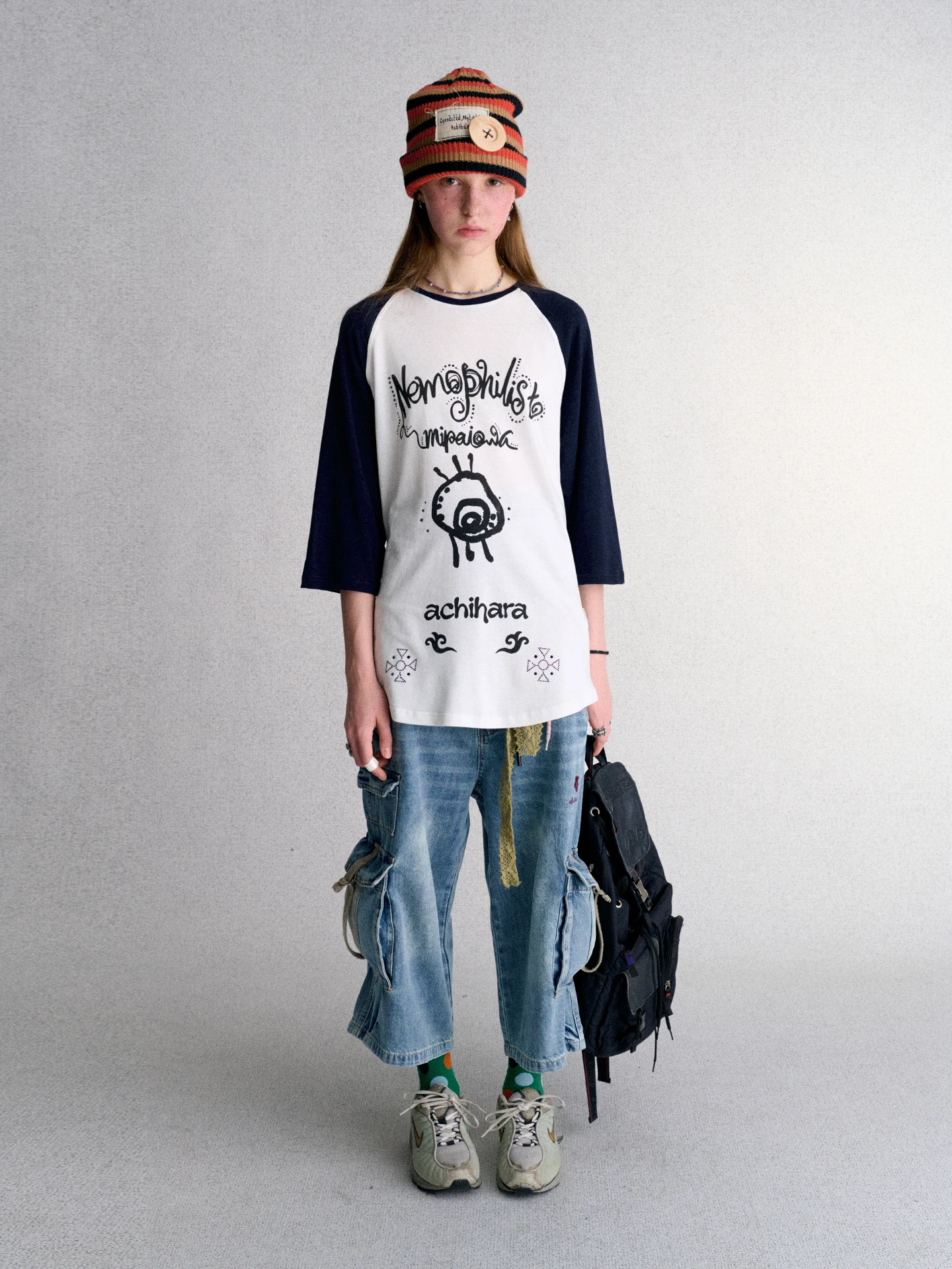 Achihara Long Sleeve T-Shirt Hand-Drawn Print Shoulder Insert Seven-Quarter Length Loose Fit Retro Mid-Length Women's Top