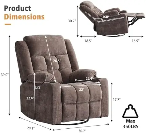 Power Swivel Rocker Recliner Chair for Adults with Massage and Heat, USB and Type-C Ports, Infinite Position, Electric Glider Re