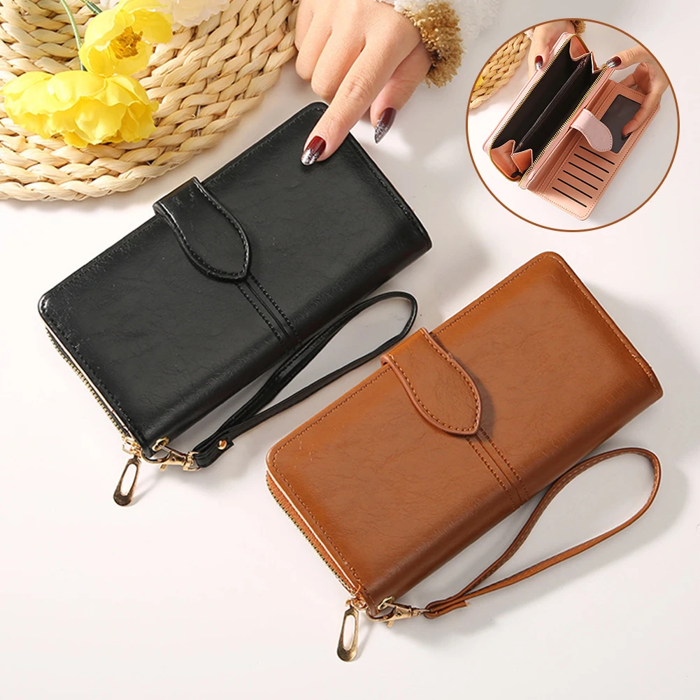 

Simple Style Matte Oil Wax Leather Zipper Clutchs Portable Lightweight Coin Purse For Money Card Storage