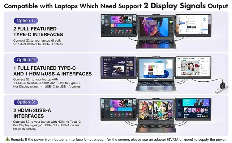 موسع شاشة ثلاثي محمول مقاس 14 بوصة لأجهزة الكمبيوتر المحمول Plug n Play لـ MAC وWindows