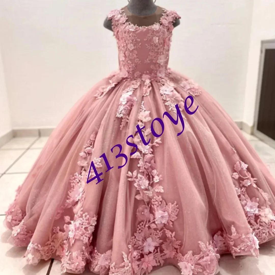 Abiti da ragazza di fiore rosa polveroso personalizzati per applicazioni floreali da sposa Lunghezza pavimento Elegante abito da compleanno per damigella d'onore Quinceanera