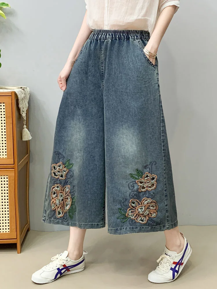 2025 zomer dunne retro geborduurde rechte jeans dames elastische taille casual grote versie achtpunts wijde pijpen broek