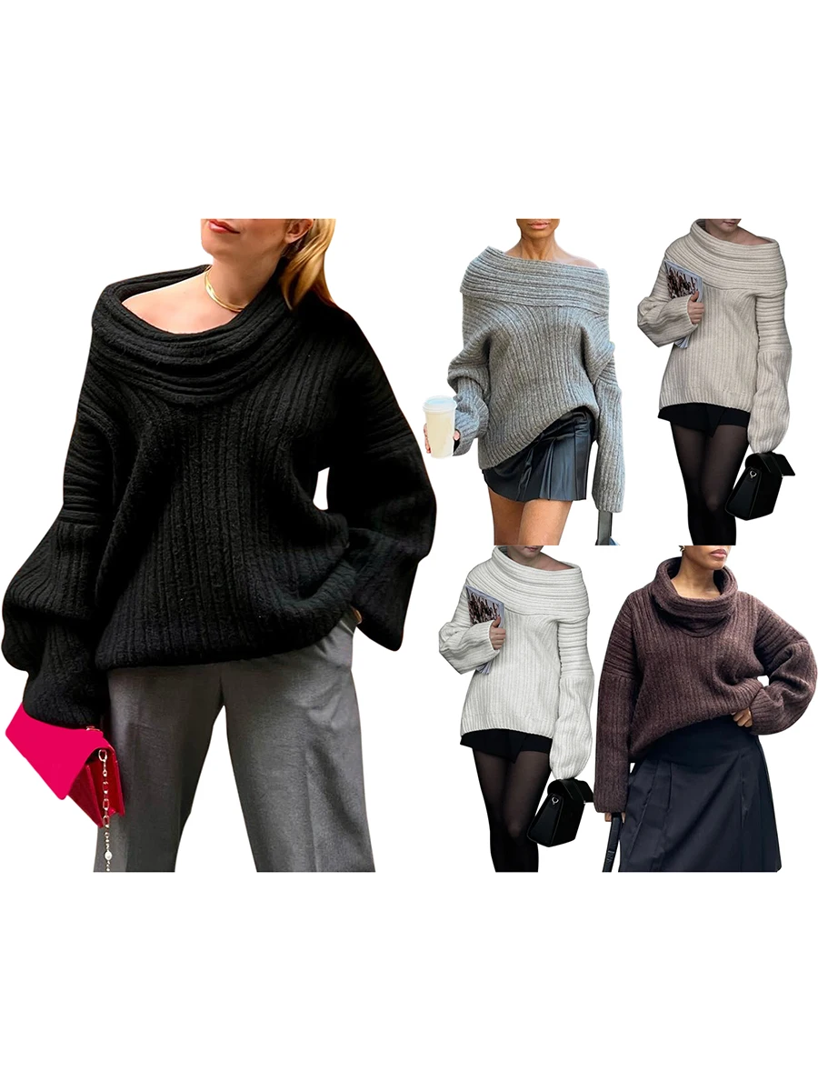 Women Loose Knit Sweater Fall Winter Solid Color Slim Long Sleeve Boat Neck Off Shoulder Pullovers Casual Jumpers Going Out Tops