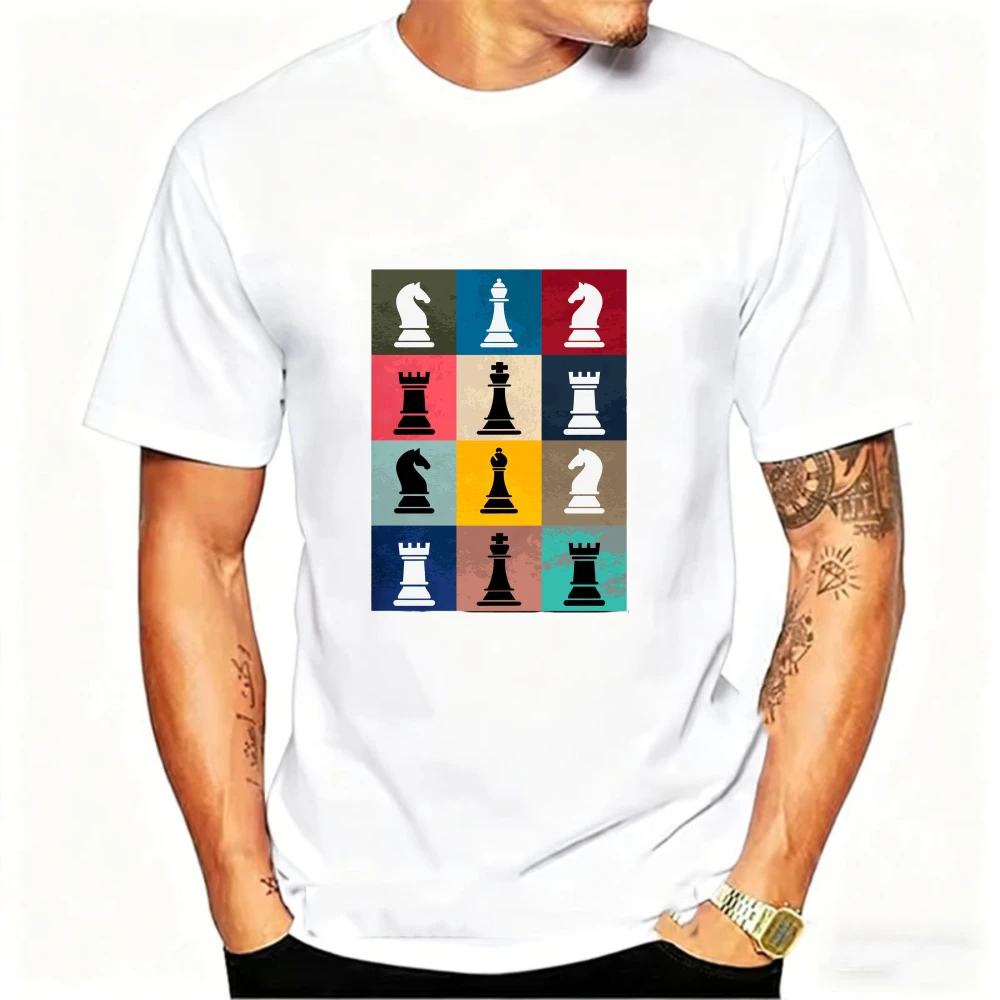 Vintage Pop Art Chess Pieces Grid Modal T‑Shirt Colorful Checkerboard Chess Knight King Queen Rook Graphic Art Print Fabric Tees
