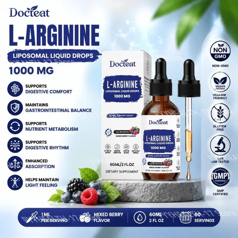 Docteat L-Arginine Liposomal Drops for Digestive Comfort and Gastrointestinal Balance Gut Support Mixed Berry Flavor, 60 ML