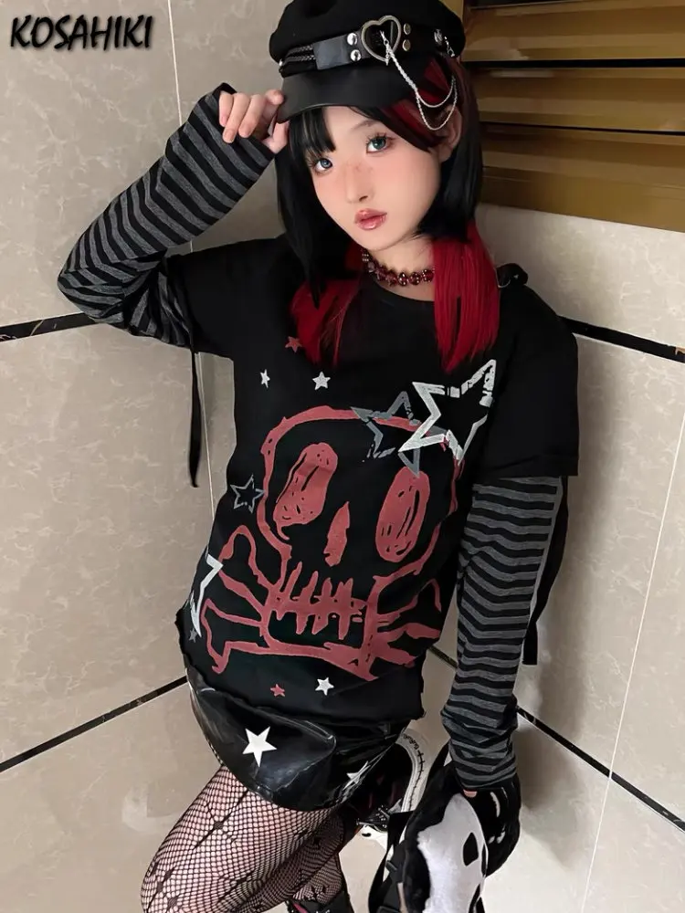 Fake 2 Piece T-shirt Women Striped Long Sleeve Patch Skull Print Harajuku Goth Tshirts Y2k Aesthetic Grunge Graphic Kawaii Tees