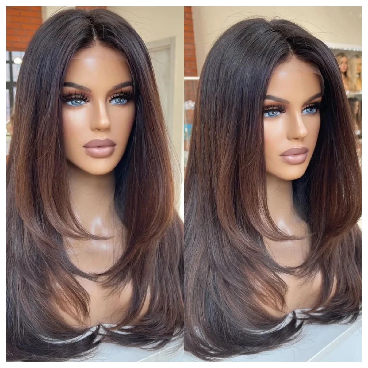 

Ombre Dark Brown Straight Layered Wig Lace Front Mix Human Hair Wig for Women 13x4 PrePlucked Synthetic Hair Colored Natural Wig