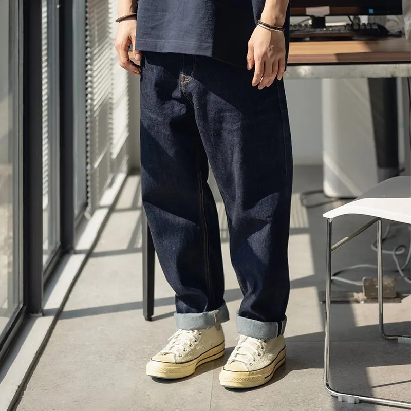 Classic 14oz 98% Cotton Desized Selvedge Raw Anti-fade Denim Jeans for Men Japan Vintage Daily Basic Loose Straight Indigo Pants