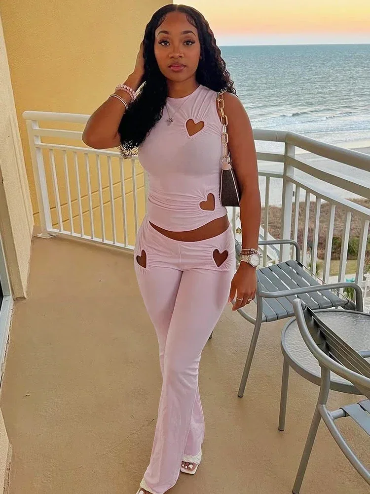 CPSYMYM  Heart Hollow 2 Piece Set Women O-Neck Sleeveless Tops+Skinny Stretch Pants Vacation Casual Simple Elegant Solid Suits