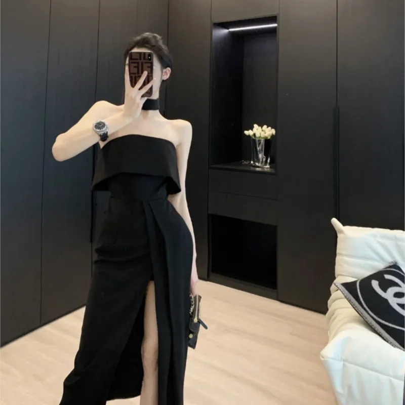 

Tube Top Expose Clavicle Dress Women's New Retro Slit Midi