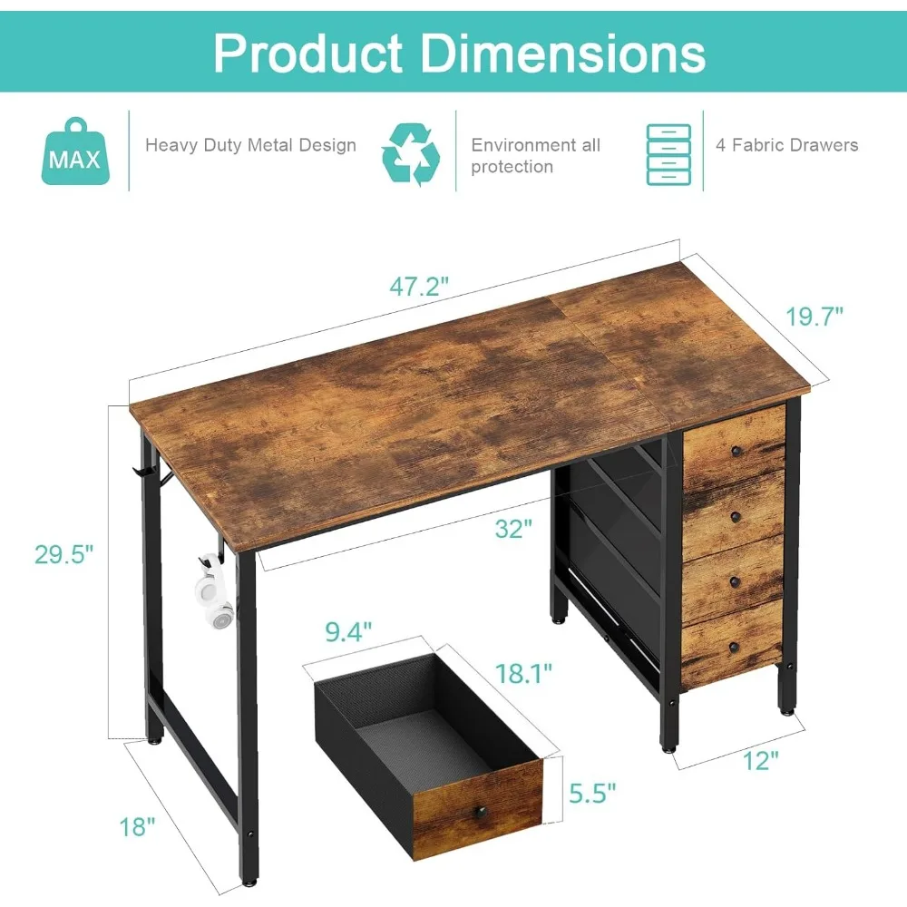 47-calowe biurko komputerowe z 4 szufladami, biurko do pisania do sypialni w domowym biurze, nowoczesny prosty student