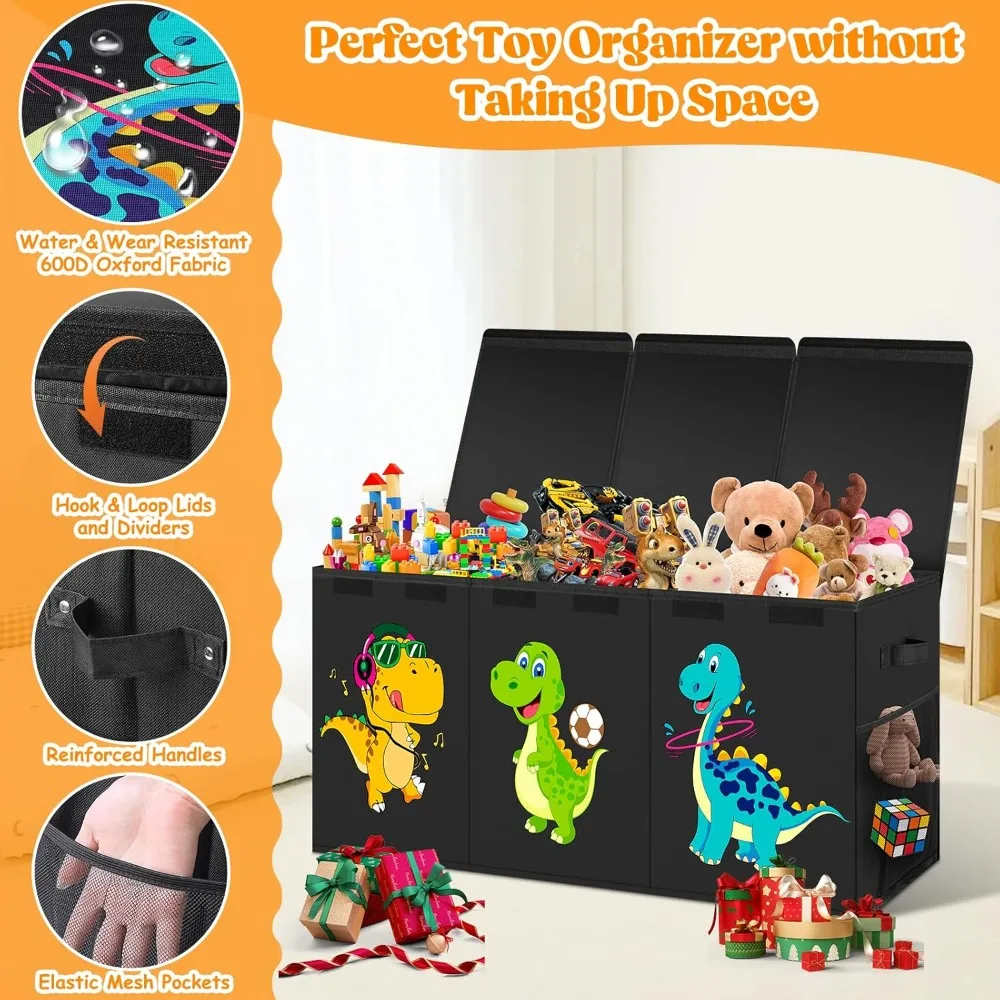 صندوق تخزين ألعاب الديناصور المتين ذو السعة الكبيرة للأطفال، منظم قابل للطي مع غطاء، مثالي لغرفة لعب الأطفال الصغار