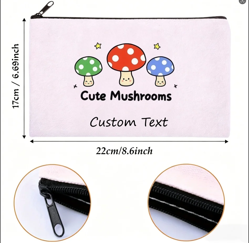 1PC Custom Text Cute Colorful Mushroom Cosmetic Bag Personalized Canvas Zipper Makeup Storage Pouch view 2