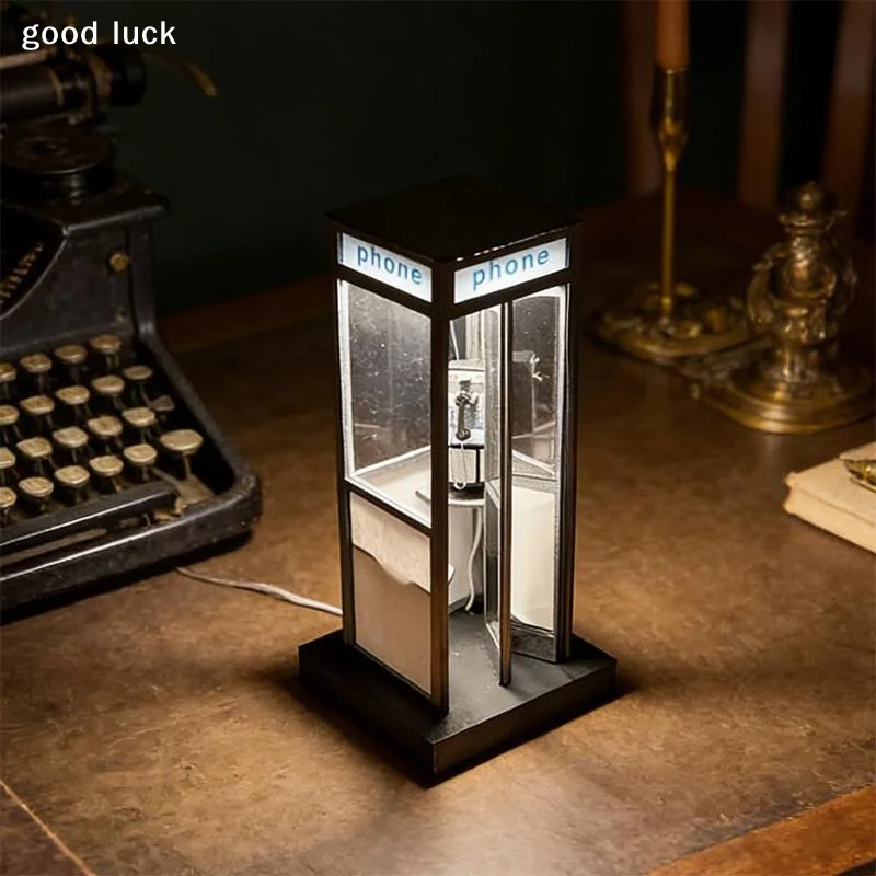 Retro Vintage Tall Phonebooth Lamp, Classic Telephone Booth Table Lamp With Warm LED Light, Phone Box Decorative Night Light view 2