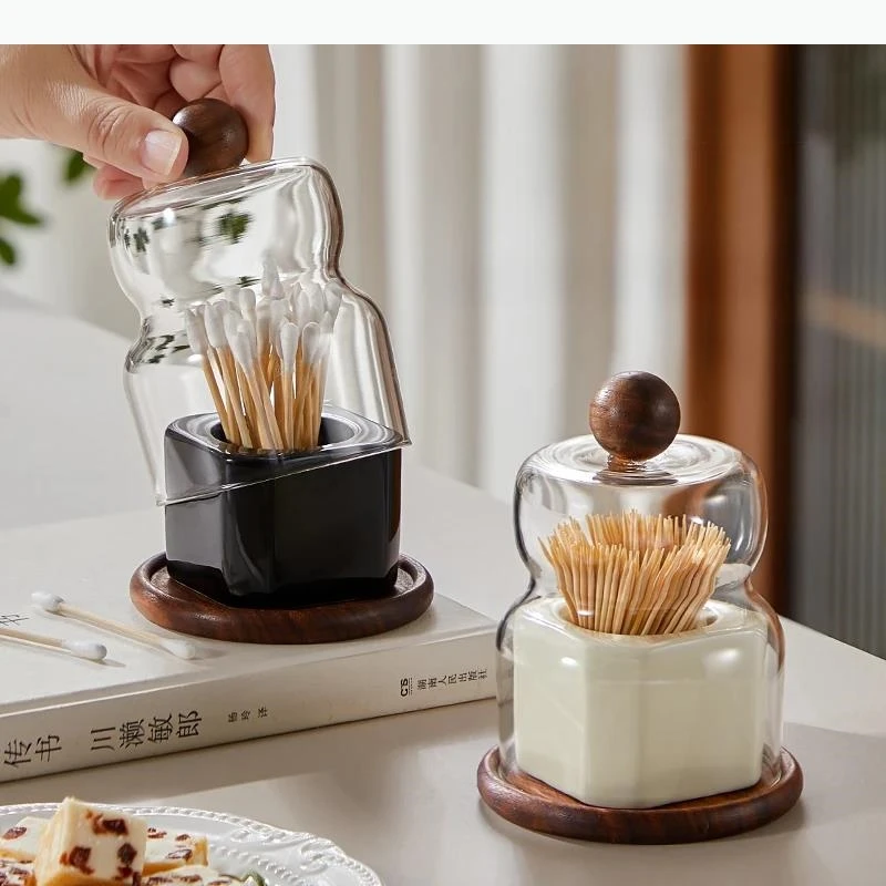 Solid Wood Ceramic Toothpick Box Home Floss Storage Jar Glass Ceramic Toothpick Jar Lid