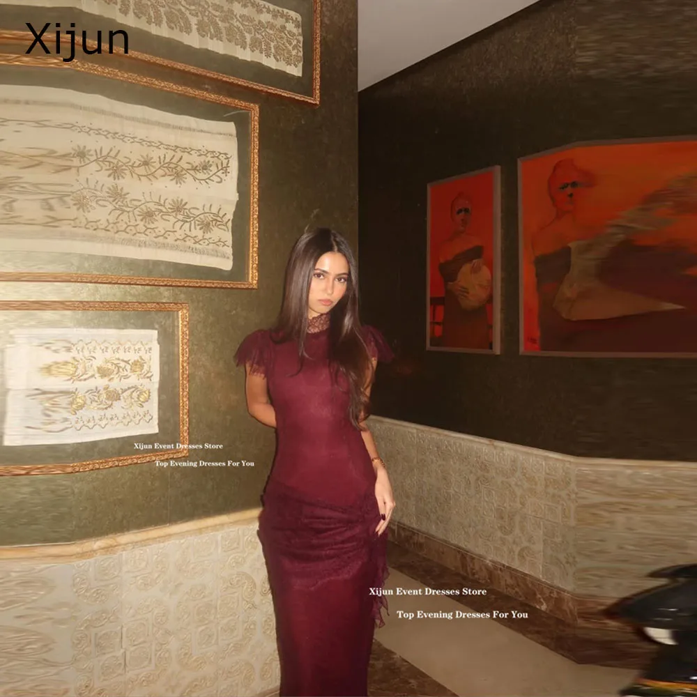 

Xijun Luxury Burgundy Lace Evening Dresses Ruched Sleeves Mermaid Prom Dresses Pleated Formal Dubai Prom Gowns 2026 Customized