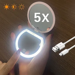 휴대용 포켓 LED 메이크업 거울, 양면 거울, 5x 배율 및 충전식