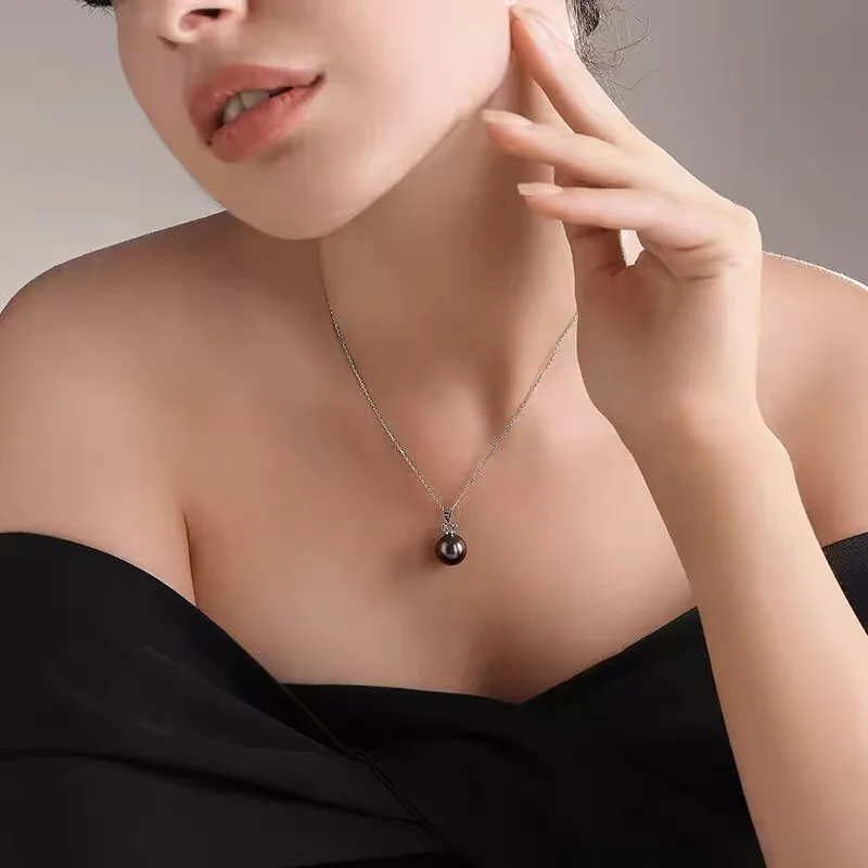 Geniune Sea Water Black Tahitian Pearl Pendant Women,925 Sterling Silver Pearl Necklace Girls Mother Wife Birthday Gift