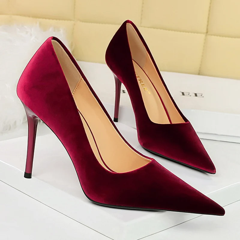 Women 9.5cm High Heels Burgundy Velvet Pumps Wedding Bridal Scarpins Stiletto Heels Lady Royal Blue Green Evening Party Shoes