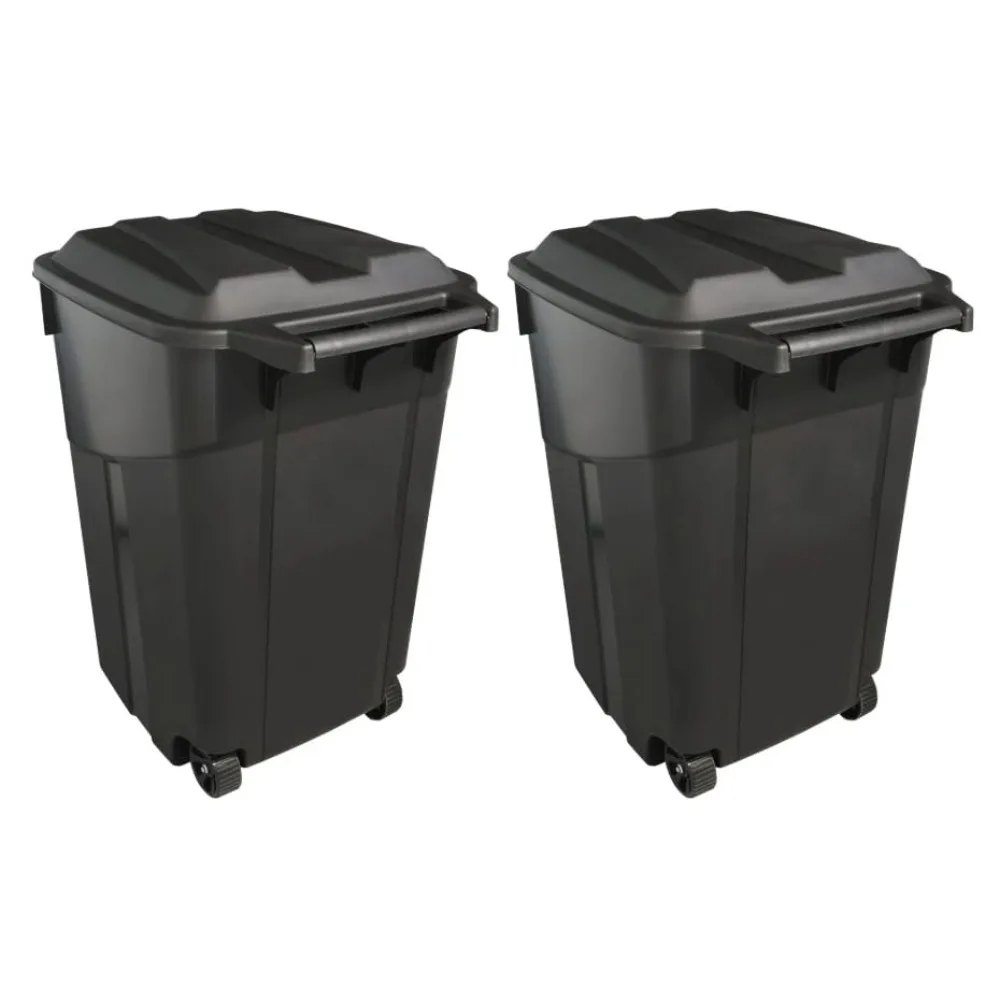 2 Pack 45 Gallon Heavy Duty Plastic Trash Cans with Wheels and Attached Locking Lid for Indoor Outdoor Use