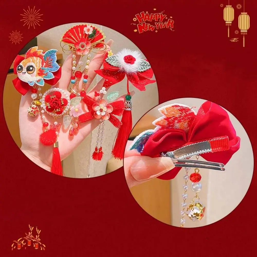 

Chinese Style Children's New Year Hairpin Tang Suit Hanfu Headwear Red Bow Barrettes Flower Tassel Ancient Style Hair Clips