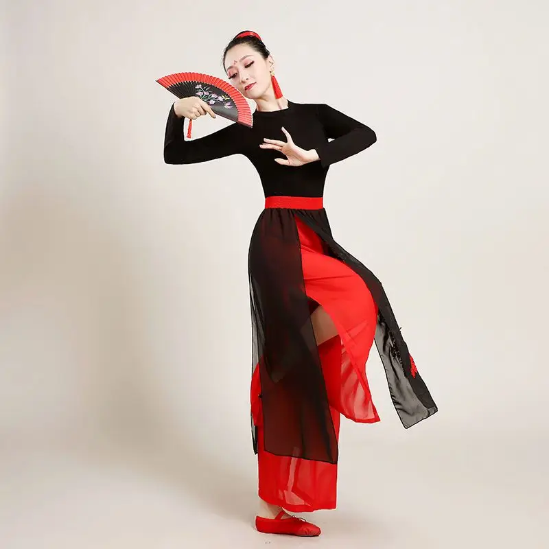 The classical dance performance dress elegant Chinese wind girl group fan dance ancient style training dress set dance dress