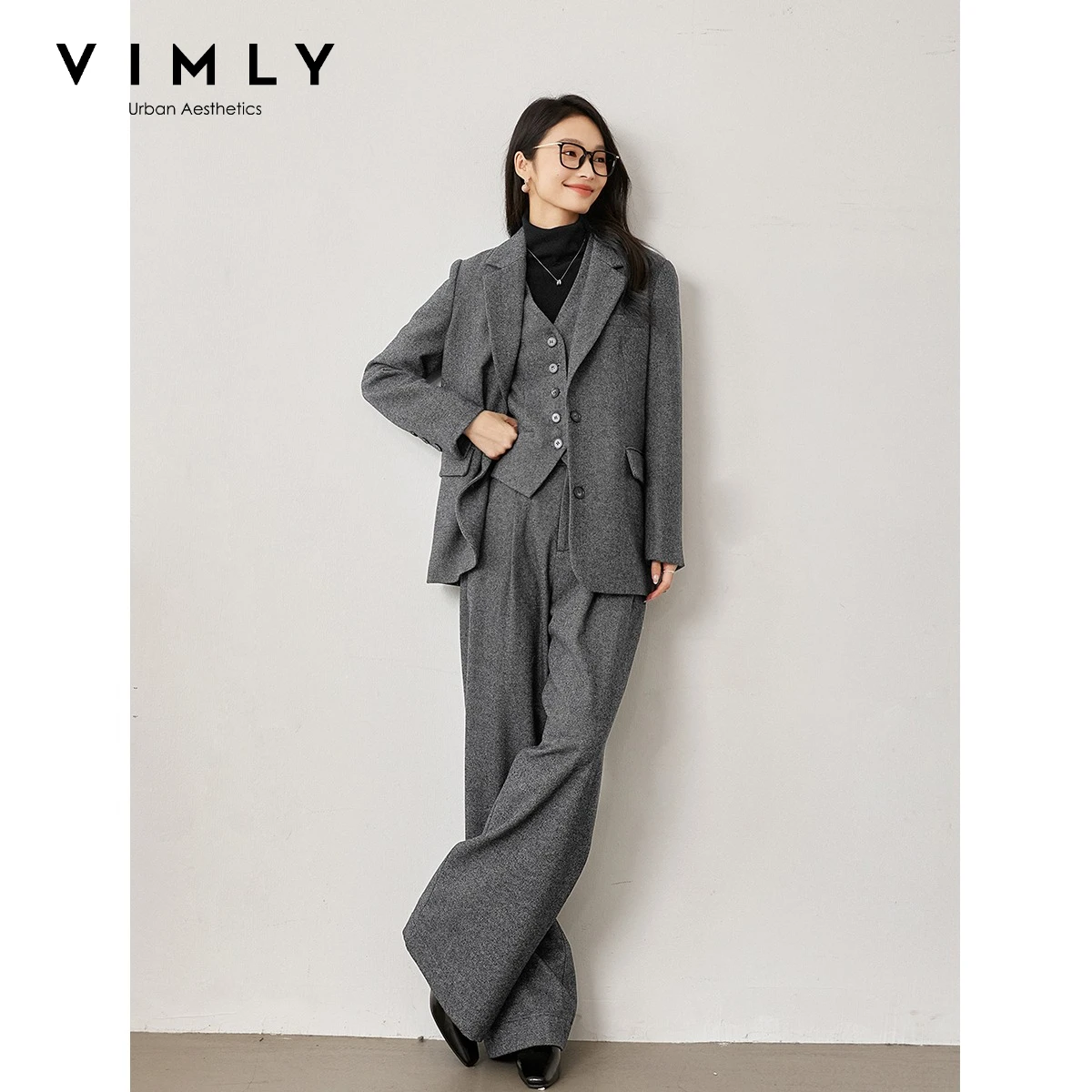 VIMLY Dark Grey Blazer Suit Women 2026 Autumn Winter Business Casual Office Commute Old Money Style Matching Outfit M9353 M9252